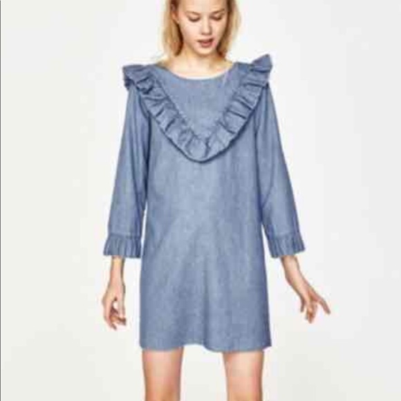 Zara Dresses & Skirts - Zara Trafaluc Denim Ruffle Trim Raw Edge Dress M